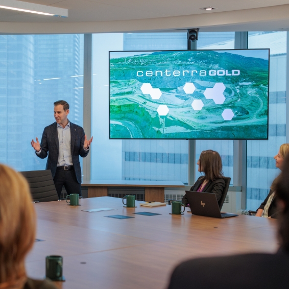 Presenter discussing the presentation with a group of professionals seated around a conference table.