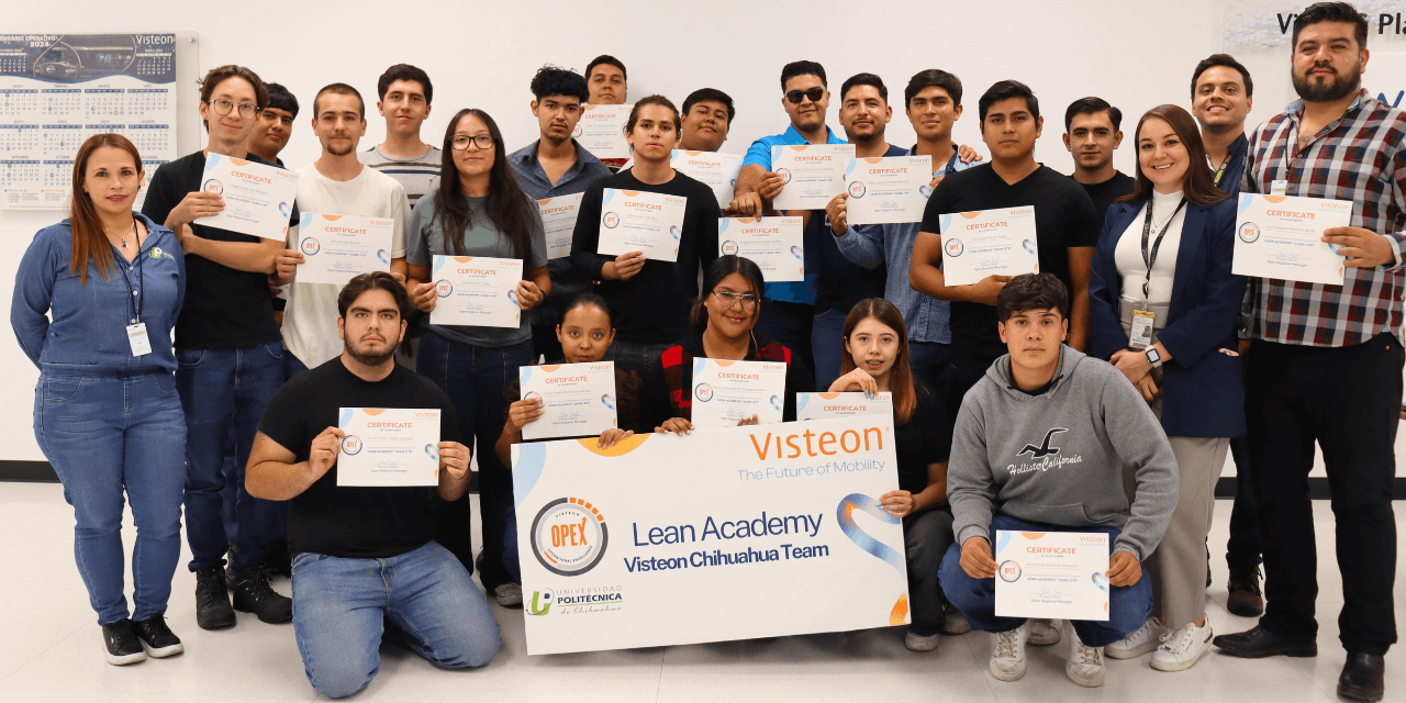 A group photo of graduates holding certificates from the Visteon Lean Academy, with a banner displaying "Visteon Chihuahua Team."